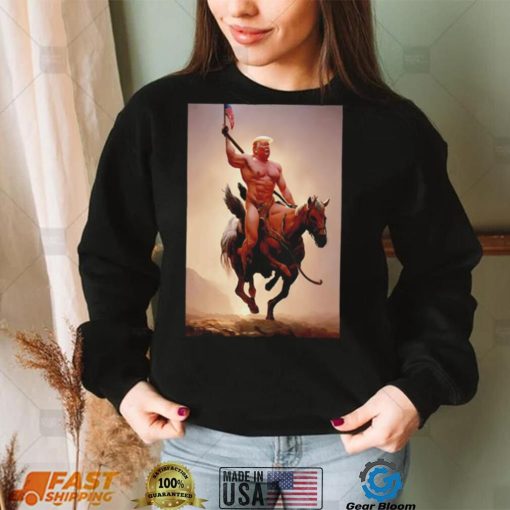 Donald Trump nude riding horse with American flag shirt