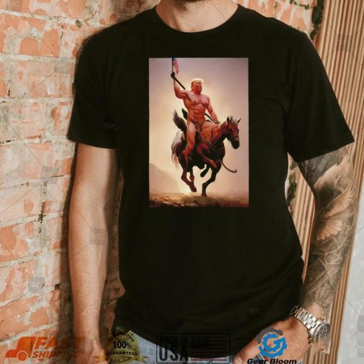 Donald Trump nude riding horse with American flag shirt