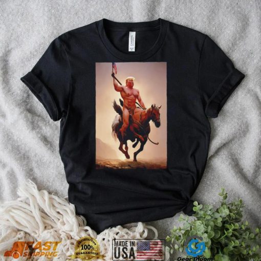 Donald Trump nude riding horse with American flag shirt