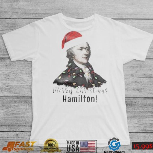 Merry Christmas Hamilton wearing santa hat shirt