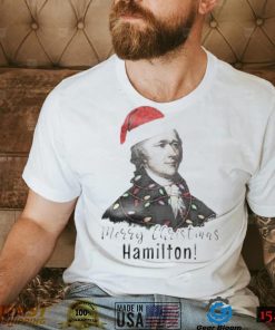 Merry Christmas Hamilton wearing santa hat shirt