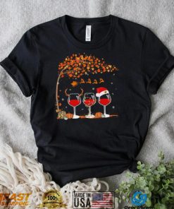 Santa Wine Glass Pumpkin Autumn Tree Christmas Shirt