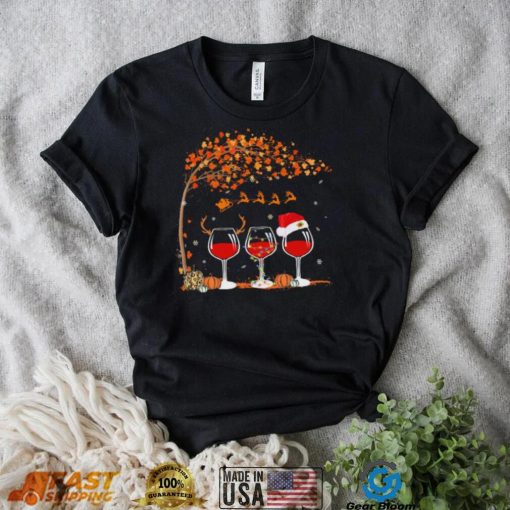 Santa Wine Glass Pumpkin Autumn Tree Christmas Shirt