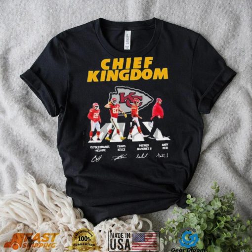 The Chiefs Kingdom Clyde Edwards Helaire Travis Kelce Patrick Mahomes II And Andy Reid Abbey Road Signatures Shirt