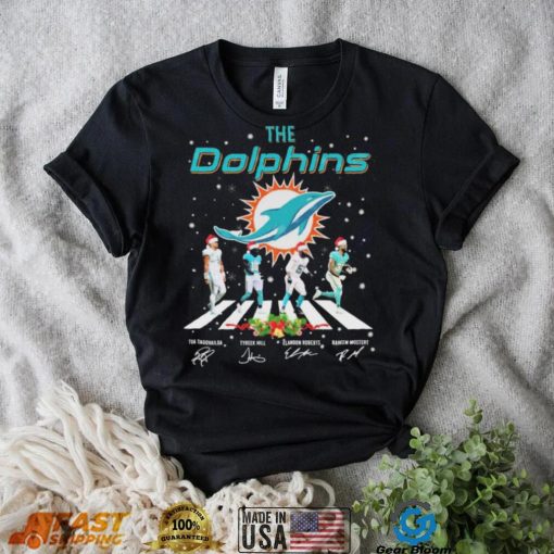 The Dolphins Tua Tagovailoa Tyreek Hill Elandon Roberts And Raheem Mostert Abbey Road Christmas Signatures Shirt