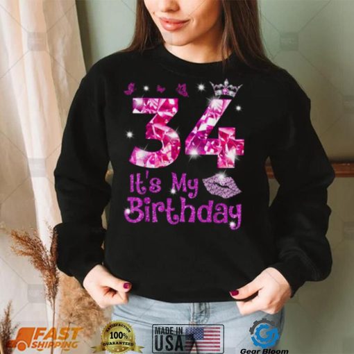 Vintage Happy 34 It’s My Birthday Crown Lips 34th Birthday Shirt