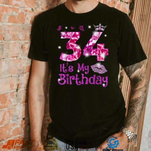 Vintage Happy 34 It’s My Birthday Crown Lips 34th Birthday Shirt