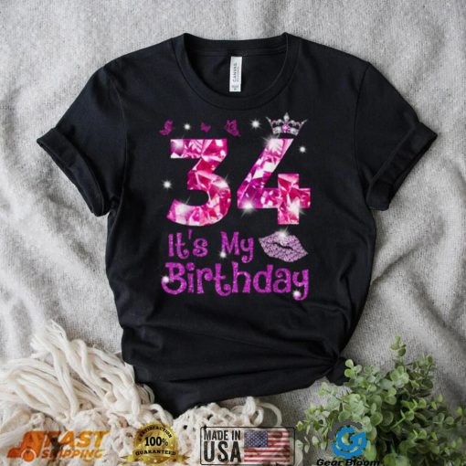 Vintage Happy 34 It’s My Birthday Crown Lips 34th Birthday Shirt