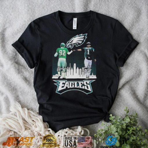 Reggie White And Jalen Hurts Philadelphia Eagles City Skyline Signatures Shirt