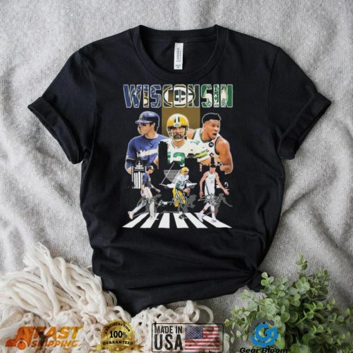 Wisconsin Sports Abbey Road Christian Yelich Aaron Rodgers And Giannis Antetokounmpo Signatures Shirt