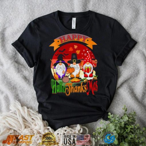 Womens Happy Hallothanksmas Gnomes Halloween Christmas Funny Thanksgiving T Shirt