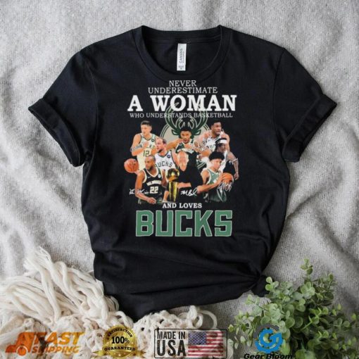Never Underestimate A Woman Who Understands Basketball And Loves Milwaukee Bucks 2022 Signatures Shirt
