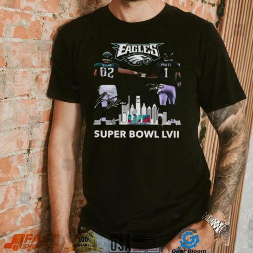 Super Bowl LVII Jalen Hurts and Travis Kelce Philadelphia Eagles skyline signatures shirt