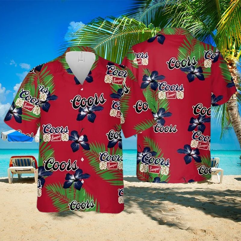Coors Banquet Beer Hibiscus Flower And Palm Leaves Pattern Hawaiian Shirt