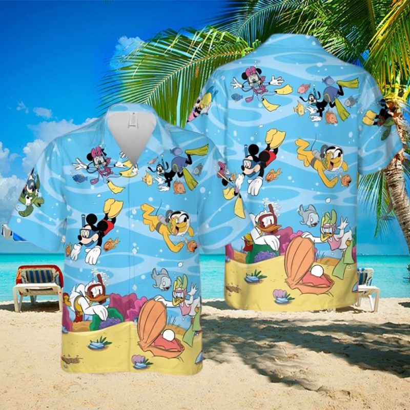 Disney Dive Mickey And Minnie Mouse Hawaiian Summer Shirt Family Vacation Holiday Button Tee