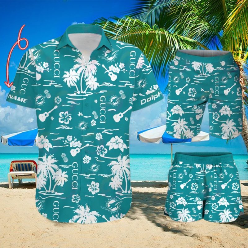 NFL Miami Dolphins Gucci Logo Pattern Hawaiian Shirt & Shorts