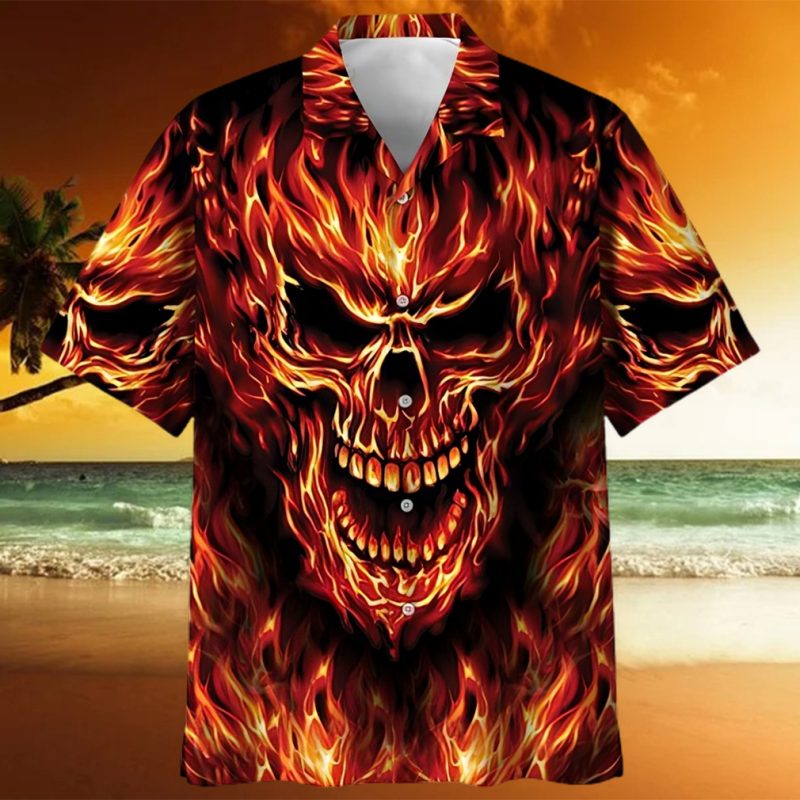 Red Flame Skull Art – Skull Unisex Hawaiian Shirt Summer Hawaiian