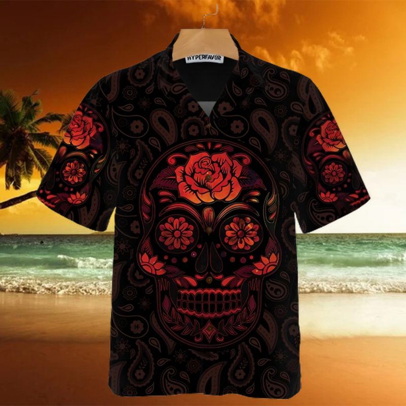 Red Mexican Sugar Skull Hawaiian Shirt Day Of The Dead Skull Shirt