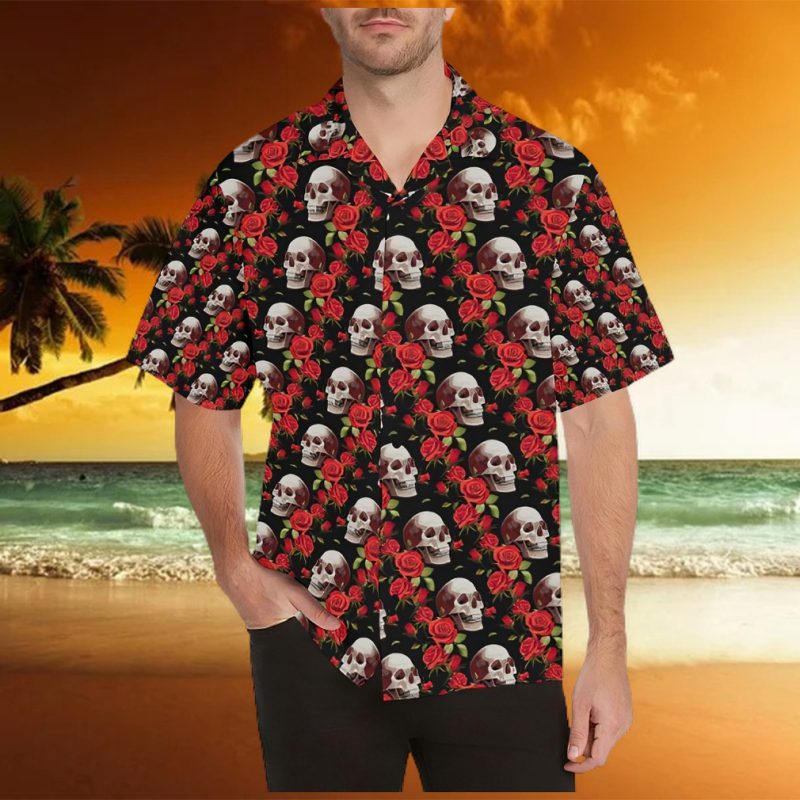 Red Rose Skull Design Print Hawaiian Shirt