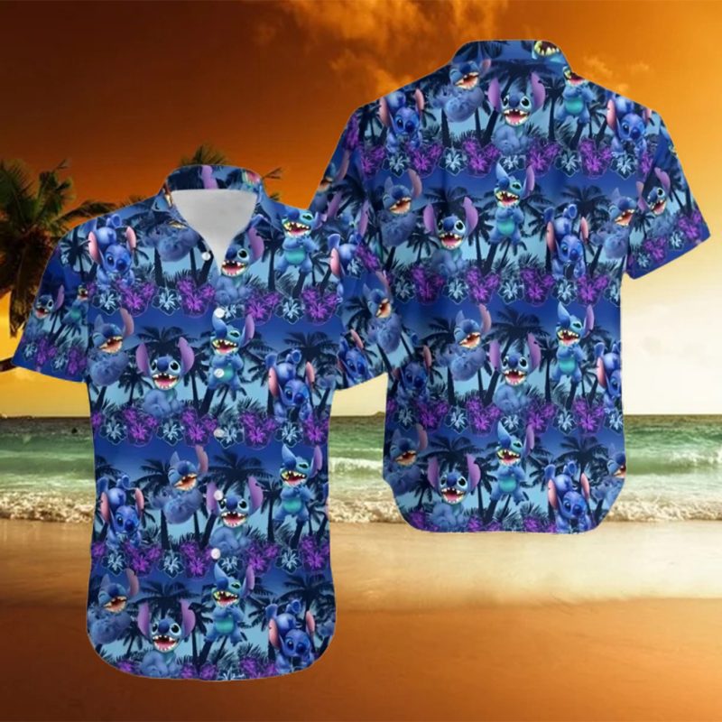 Stitch Cute Blue Purple Hibiscus Floral Coconut Tree Disney Cruise 2023 Disney Hawaiian Shirt