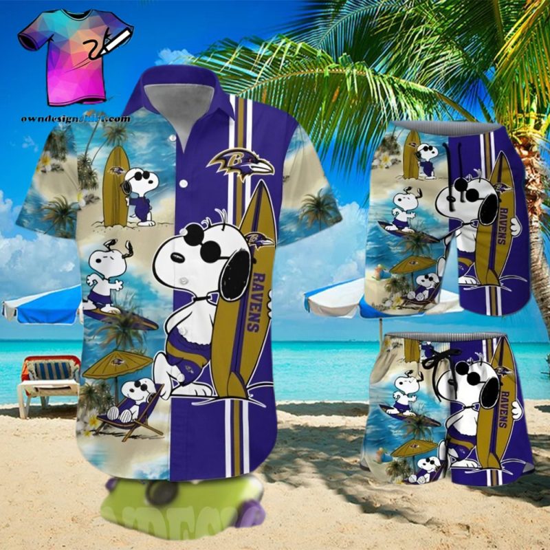 The best selling  Baltimore Ravens Snoopy All Over Print Hawaiian Shirt And Beach Short