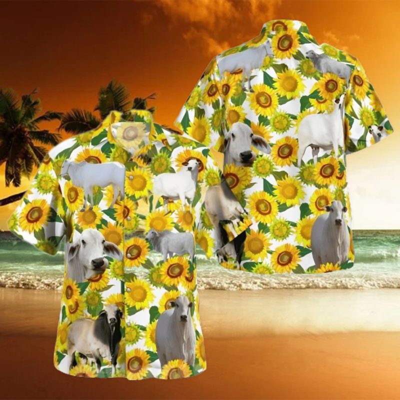 The best selling  Brahman Cattle Lovers Sunflower All Over Print Hawaiian Shirt