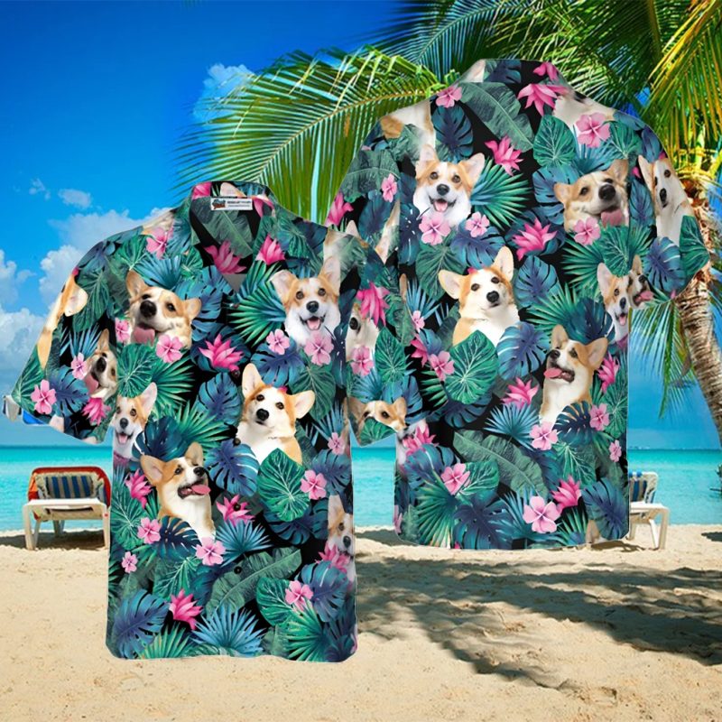 Tropical Corgi Dog Shirt For Men Hawaiian Shirt