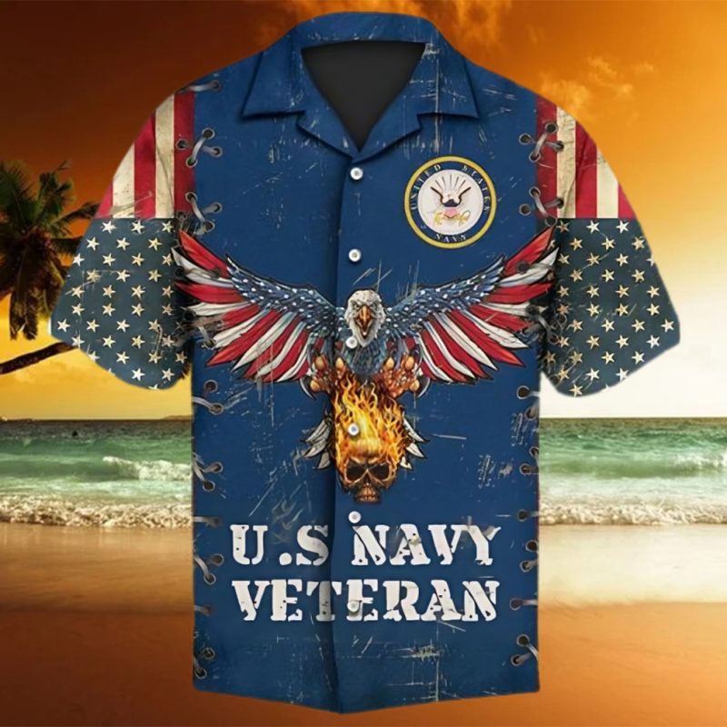 Us Navy Veteran United States Navy Eagle And Fire Skull American Hawaiian Shirt