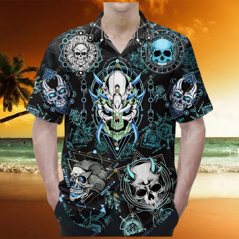 blue geometric skull unisex hawaiian shirt