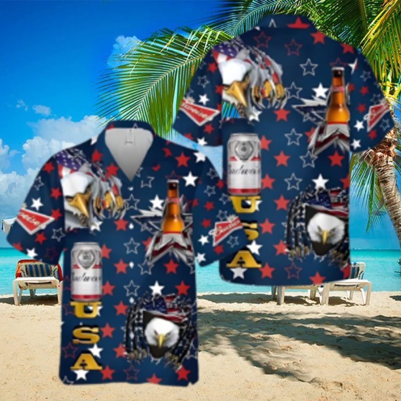 Budweiser Beer Hawaiian Shirt USA Flag Eagle Independence Day 4th Of July