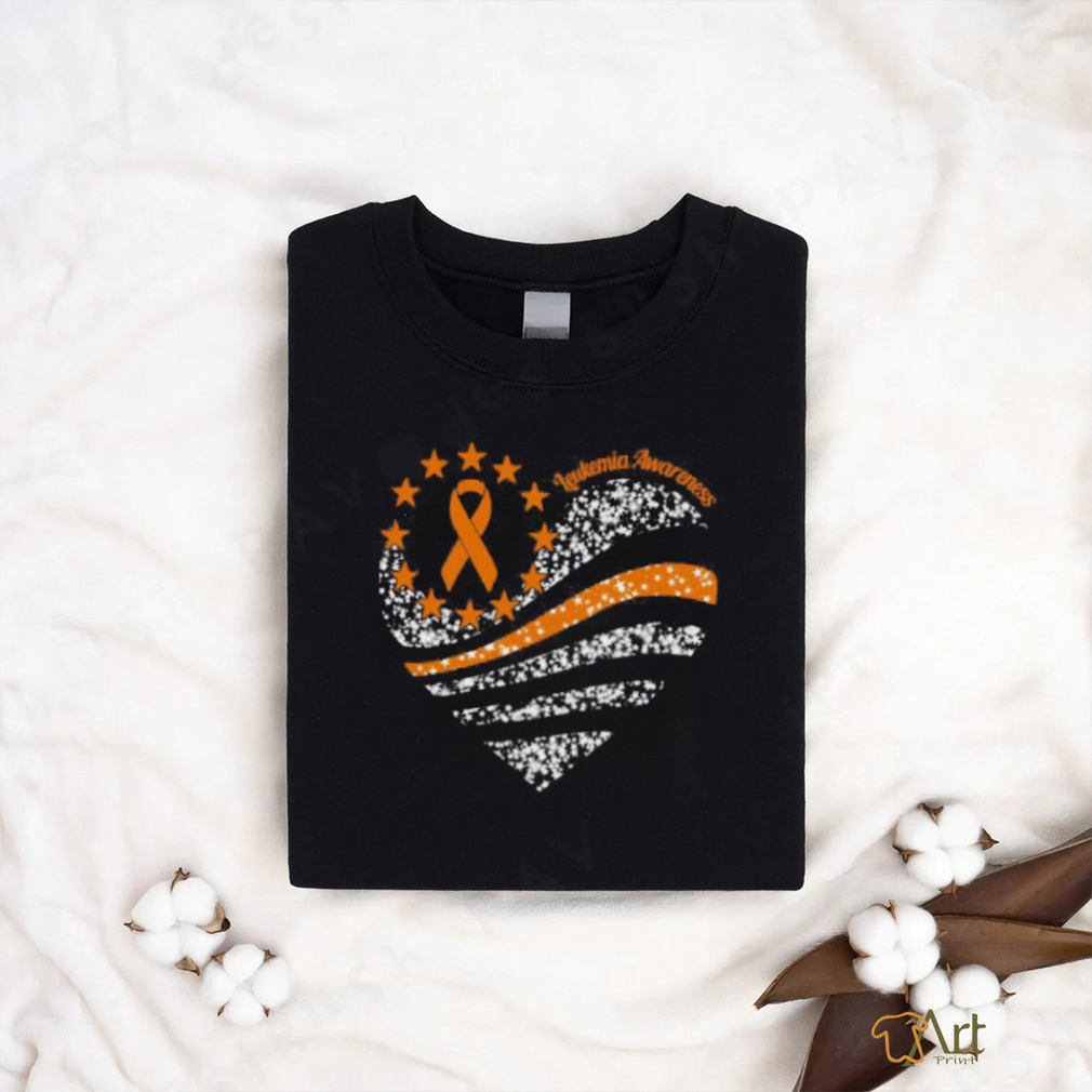 Leukemia Awareness Heart Star Orange American Flag T Shirt