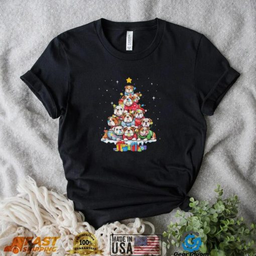 Dogs Bulldog Collie pine tree merry christmas shirt