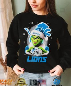 Grinch Hat Santa Detroit Lions Helmet Logo Merry Christmas Shirt