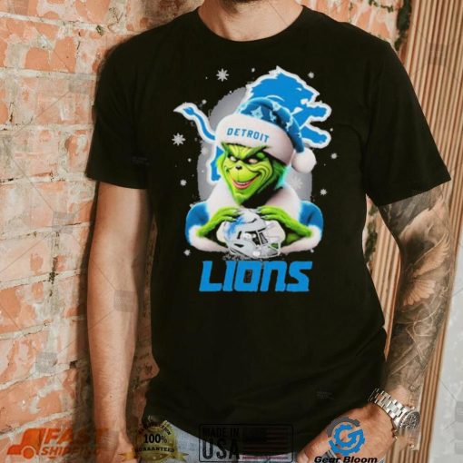 Grinch Hat Santa Detroit Lions Helmet Logo Merry Christmas Shirt