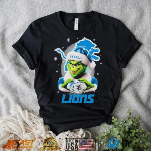 Grinch Hat Santa Detroit Lions Helmet Logo Merry Christmas Shirt