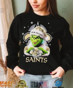 Grinch Hat Santa New Orleans Saints Helmet Logo Merry Christmas Shirt