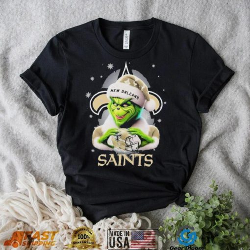 Grinch Hat Santa New Orleans Saints Helmet Logo Merry Christmas Shirt