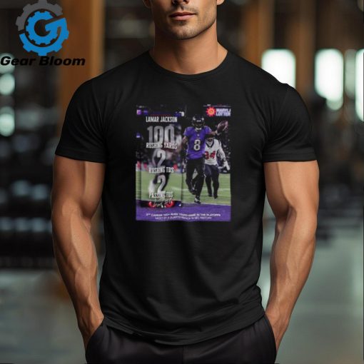 Lamar Jackson Baltimore Ravens The Third Career 100 Rush Yard Game In The Playoffs Most By A Quarterback In NFL History MVP Of The Divisional Round 2024 Classic T Shirt