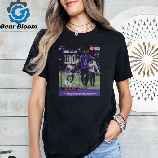 Lamar Jackson Baltimore Ravens The Third Career 100 Rush Yard Game In The Playoffs Most By A Quarterback In NFL History MVP Of The Divisional Round 2024 Classic T Shirt