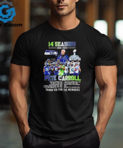 Seattle Seahawks football players 14 seasons 2010 2023 Pete Carroll signature thank you for the memories shirt