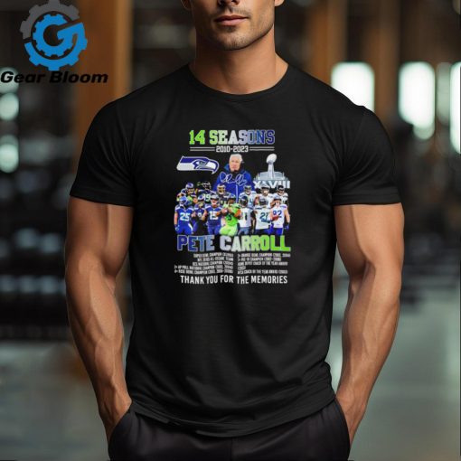 Seattle Seahawks football players 14 seasons 2010 2023 Pete Carroll signature thank you for the memories shirt