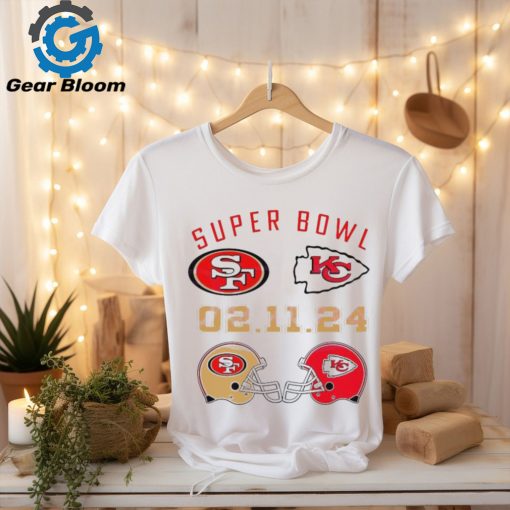 Super Bowl LVIII 2024 San Francisco 49ers vs. Kansas City Chiefs helmet matchup logo shirt