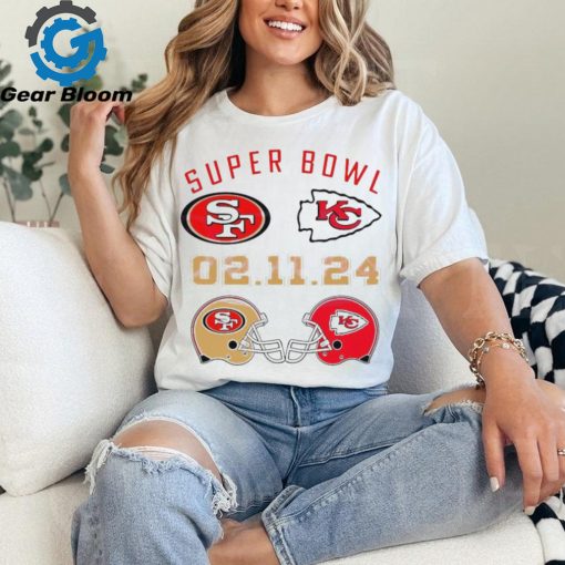 Super Bowl LVIII 2024 San Francisco 49ers vs. Kansas City Chiefs helmet matchup logo shirt