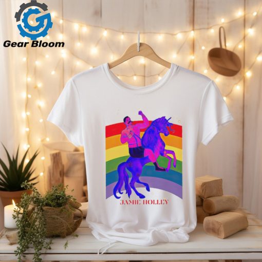 Jamie Holley riding horse rainbow pride shirt