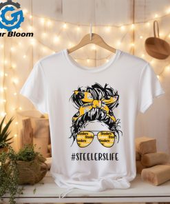 Steelers Life Pittsburgh Steelers Messy Bun Girl With Headband And Glasses for Football Lover T Shirt