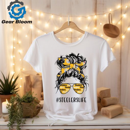 Steelers Life Pittsburgh Steelers Messy Bun Girl With Headband And Glasses for Football Lover T Shirt