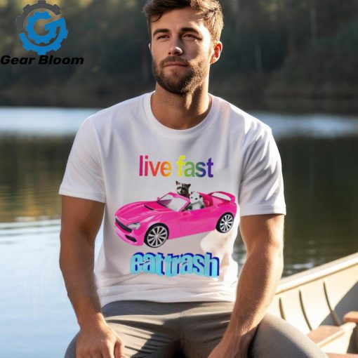 Raccoon vs possum riding pink car live fast eat trash shirt