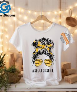 Steelers Life Pittsburgh Steelers Messy Bun Girl With Headband And Glasses for Football Lover T Shirt
