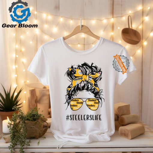 Steelers Life Pittsburgh Steelers Messy Bun Girl With Headband And Glasses for Football Lover T Shirt