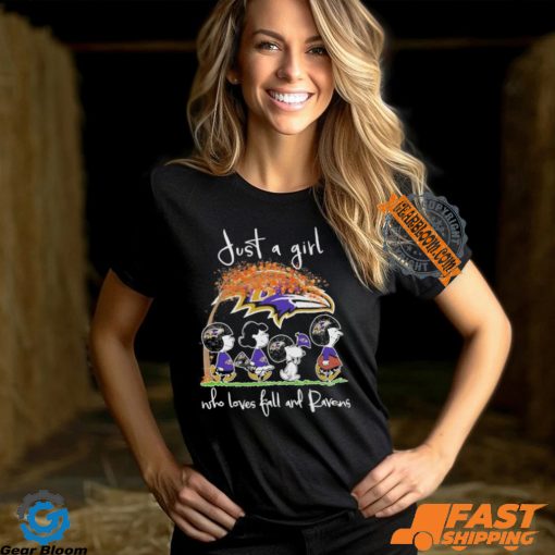 Just A Girl Who Loves Fall And Baltimore Ravens X Peanuts Characters Shirt